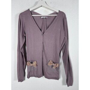 Cabi Womens Button Front Cardigan Sweater Large Lavender Pockets w/ Bow Accents